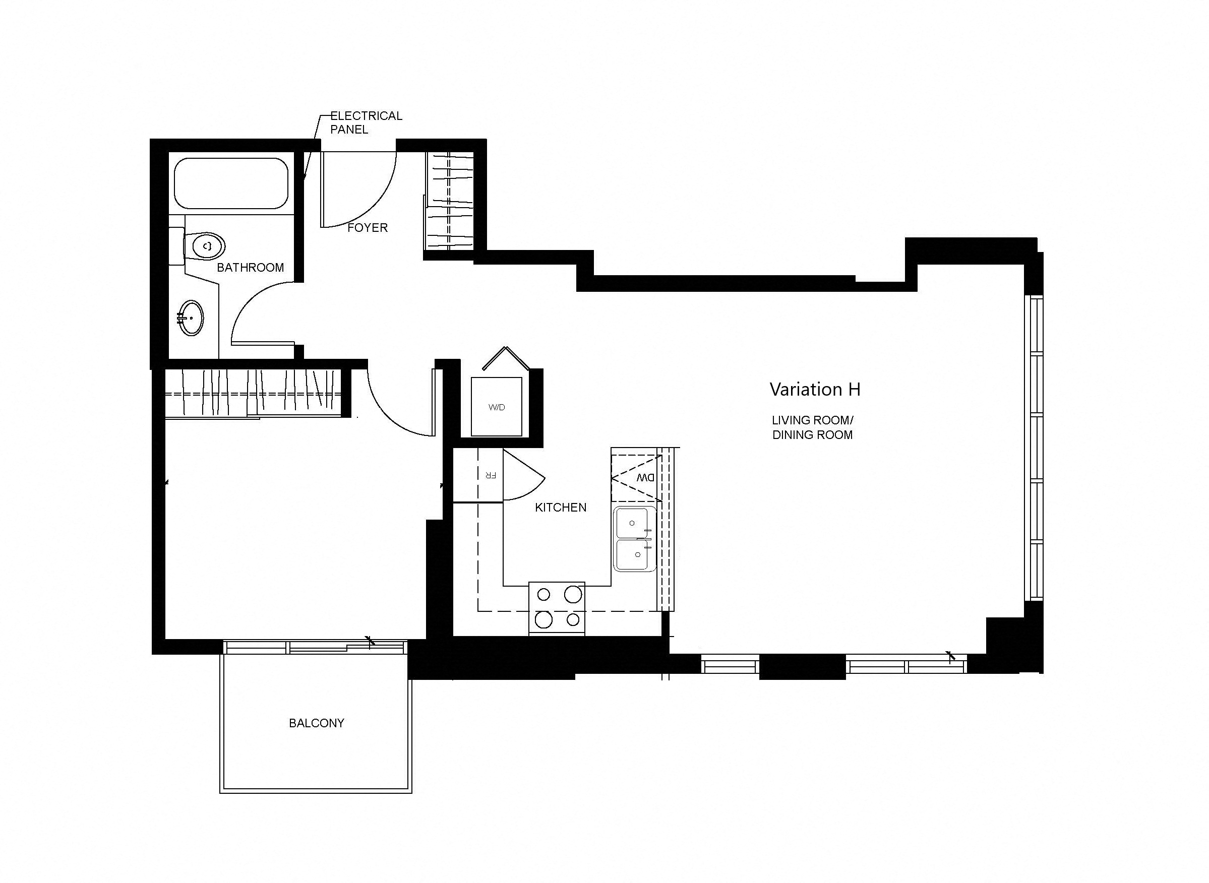 Floor plan for 1 bed, 1 bath, 601 sqft